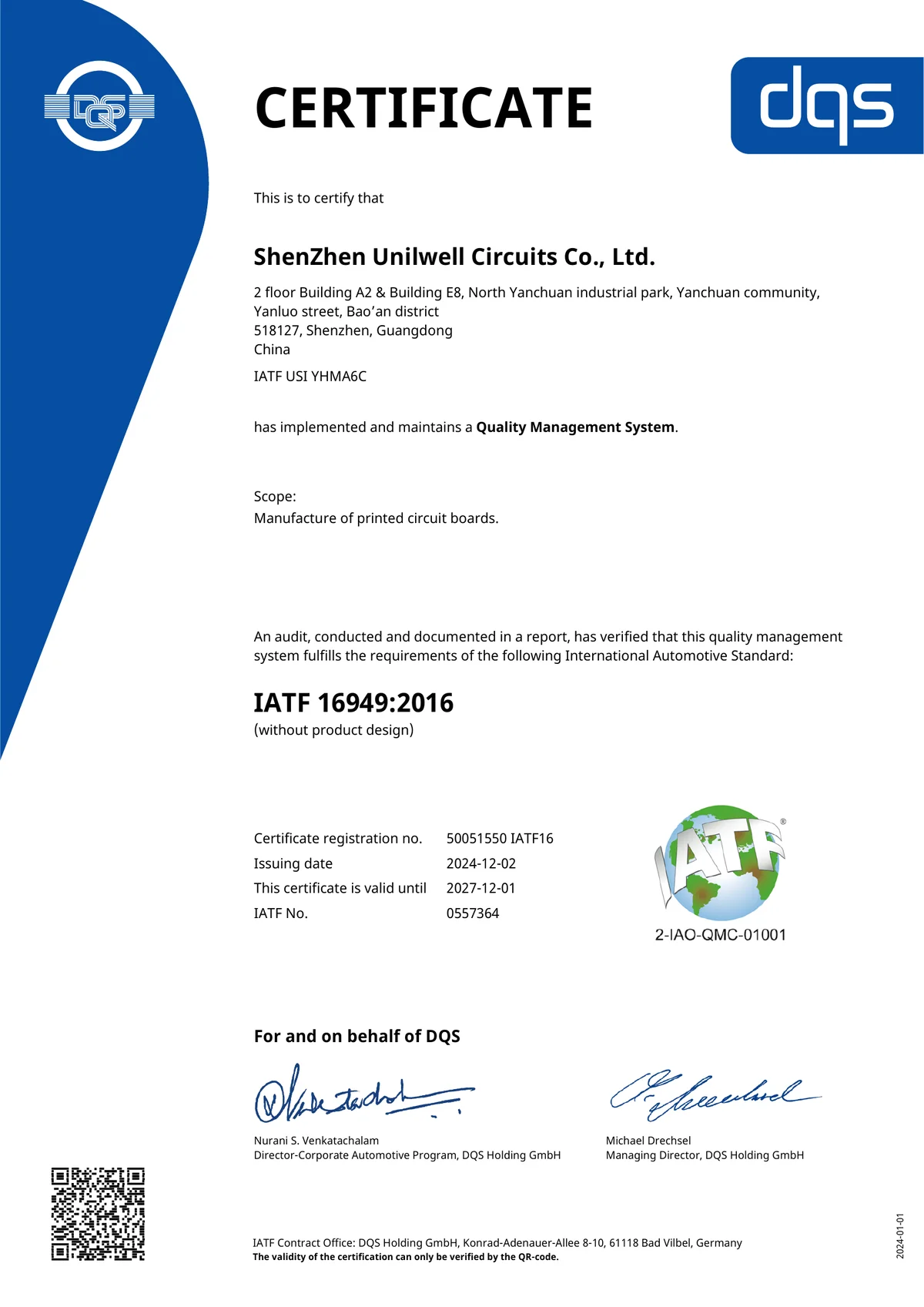 IATF 16949:2016 sertifikatas – Uniwell Shenzhen