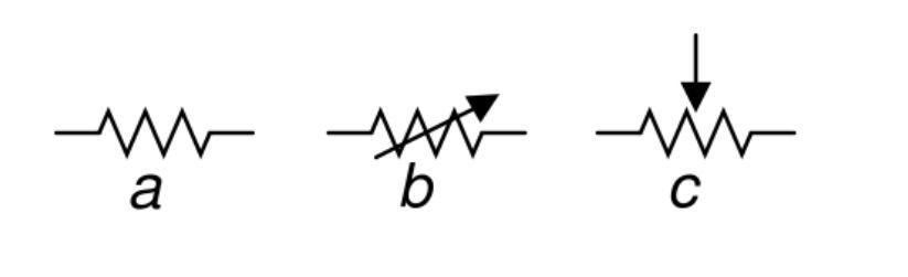 Grandinės simbolis A - rezistorius, simbolis B - reostatas, simbolis C - potenciometras